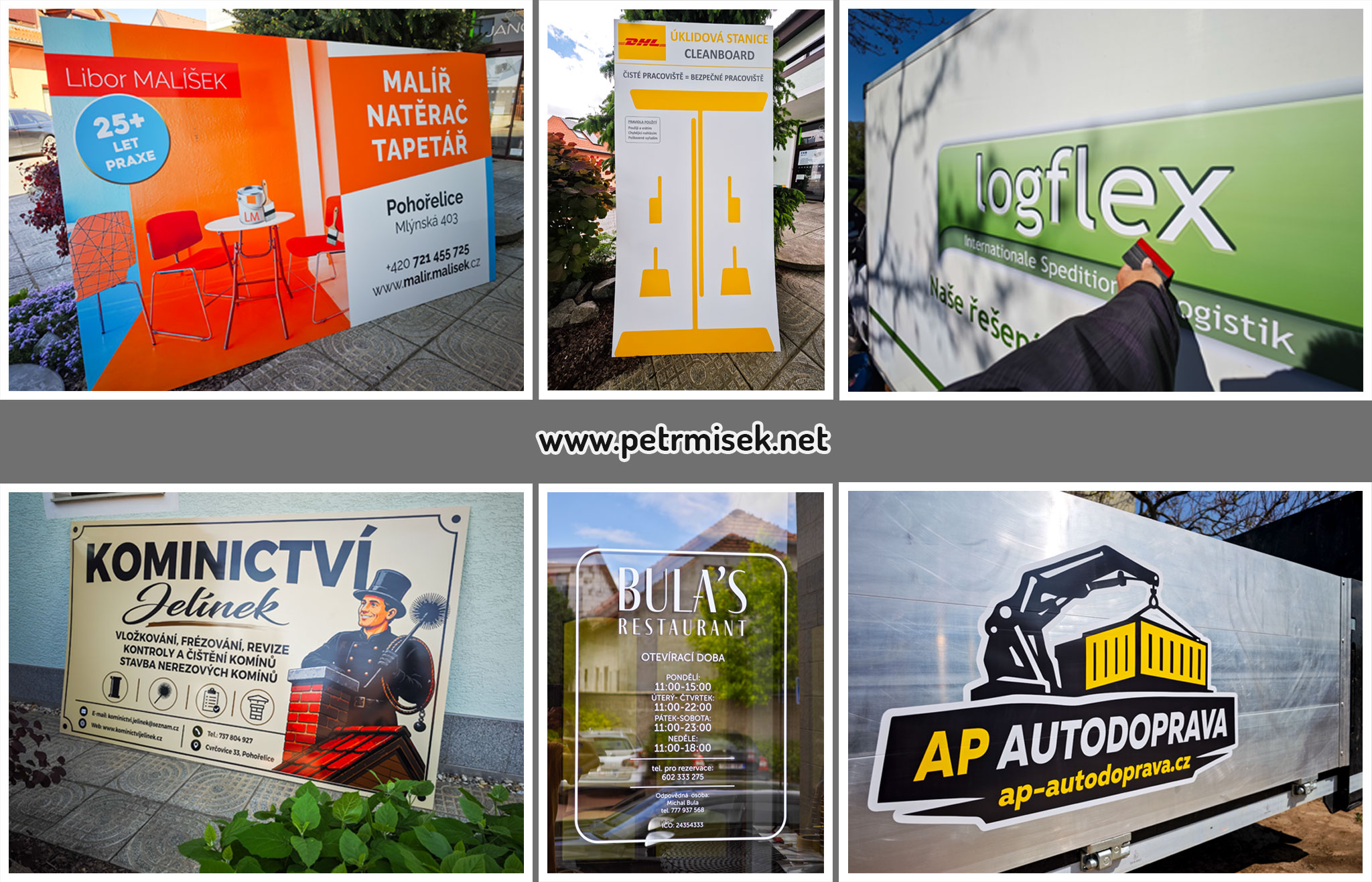 polep vozů, reklama Míšek, Pohořelice, grafika, Kominictví Jelínek Cvrčovice, Malíšek malíř Pohořelice, Bula´s restaurace Pohořelice, AP Autodoprava Malešovice, DHL Pohořelice, Logiflex polep